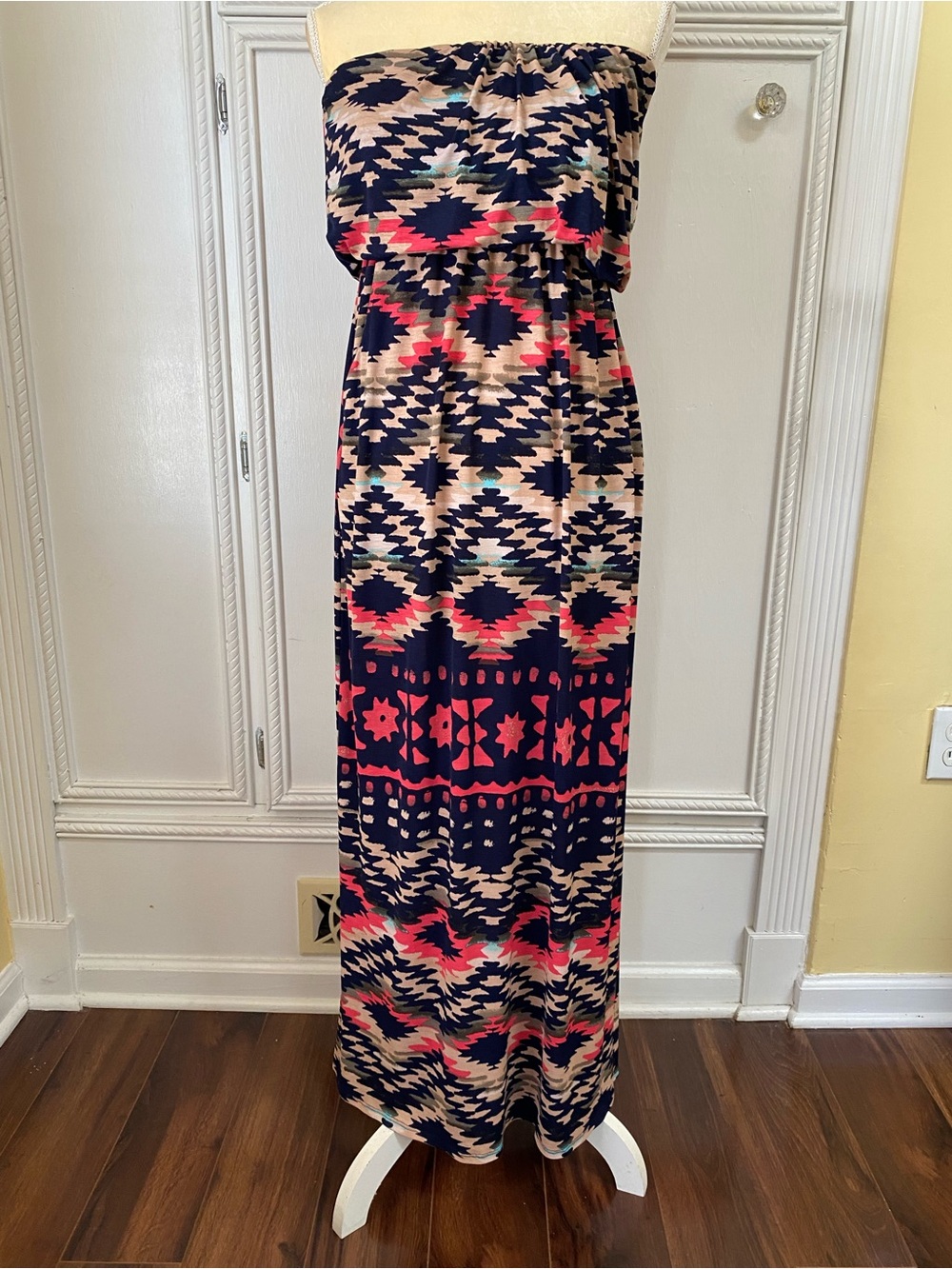Trixxi Strapless Maxi Dress in Navy, Pink & Cream Aztec Print